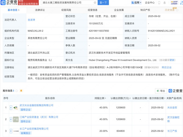 证配所 湖北长晟三期投资发展公司成立，注册资本约151亿